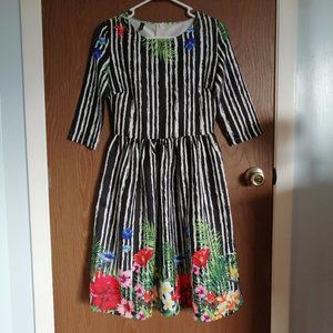 Black & White Formal Half Sleeve Midi Dress w/ Hawaiian Floral Print Size S